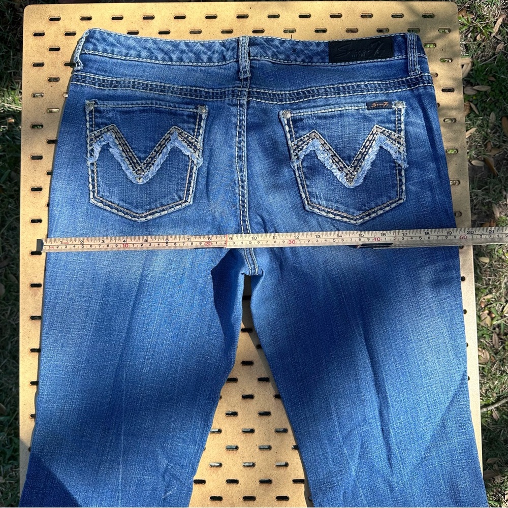 Seven7 Women's Flare Leg Medium Wash Jeans Low Rise with Embroidered Pocket Y2K - Picture 6 of 9